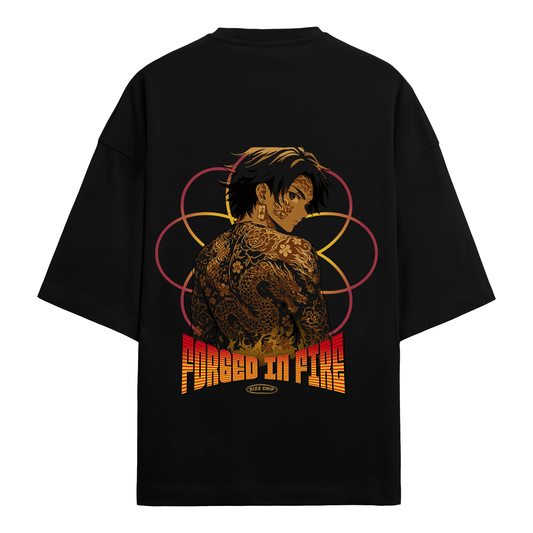 Back view of Dragon's Vein oversized tee featuring a detailed tattoo design and 'Forged in Fire' graphic.