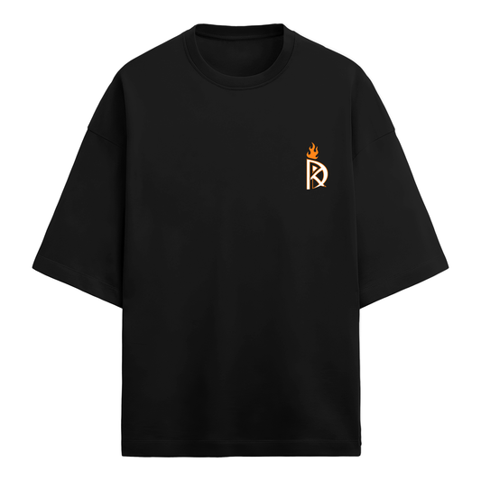 Oversized black terry tee with a fiery logo on the chest, part of the Dragon's Vein collection.